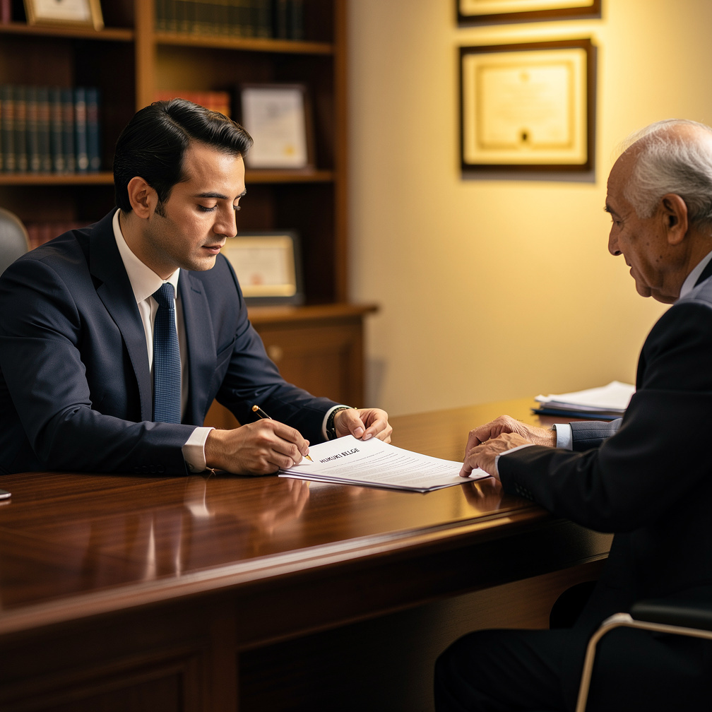 Turkish legal consultant meeting with an elderly client discussing documents